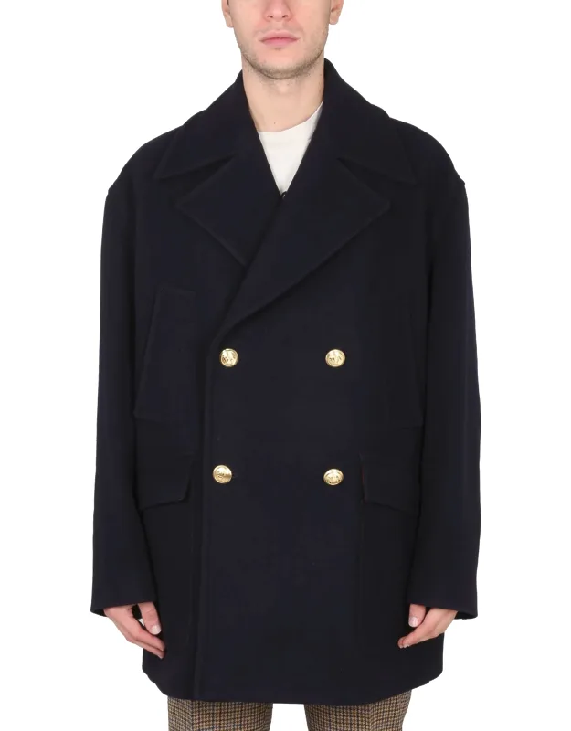 Double-breasted Coat With Logo Button Closure And Palm Embroidery On Elbows