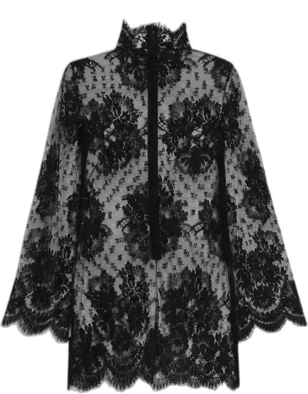 Sheer Lace Mock-neck Mini Dress