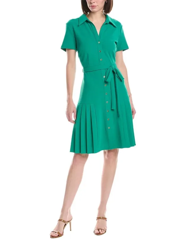 _sharagano Short Sleeve Shirtdress With Pleated Skirt And Tie Belt_