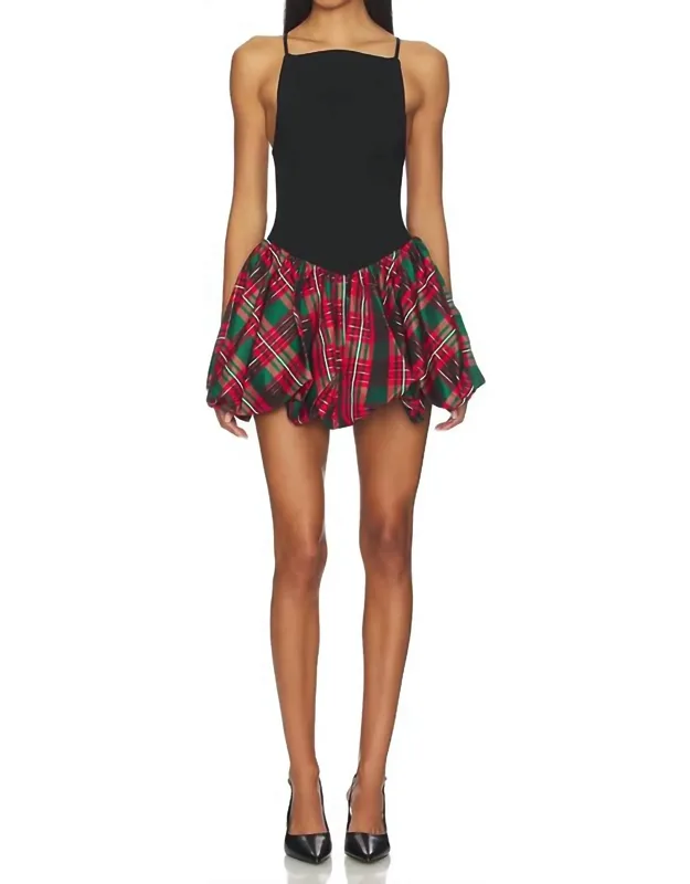 Tinsel Kiss Mini Dress In Plaid With Spaghetti Straps And Bubble Skirt