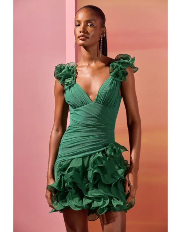 Silk Plisse Essence Flutter Dress With Rosette Appliqués And Ruffle Skirt