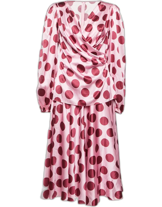 Polka Dot Satin Blouse And Skirt Set