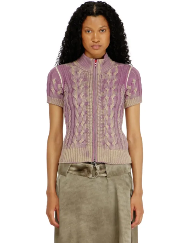 Short-sleeve Zip Cardigan In Cable Knit