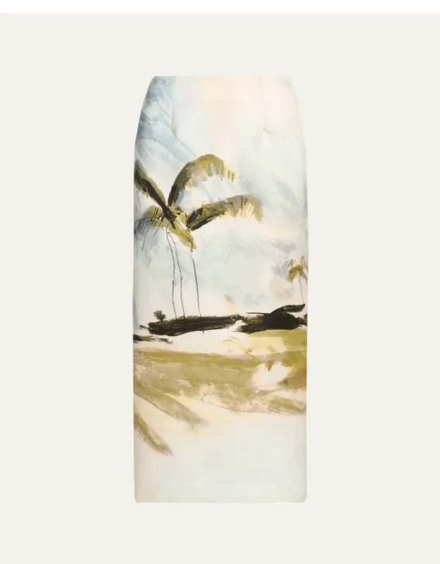 Palm Tree Satin Midi Pencil Skirt