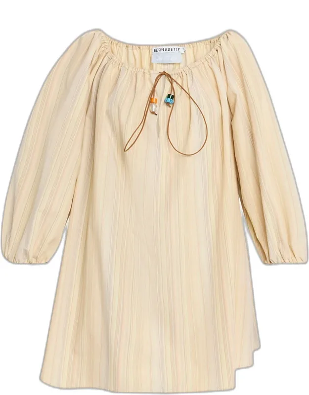 Tie-neck Striped Cotton Long-sleeve Mini Dress