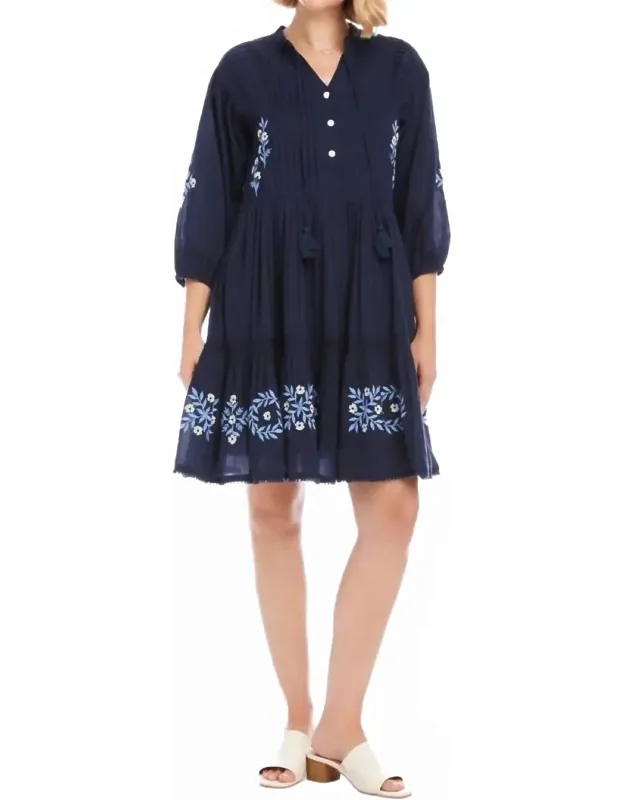 Blouson Sleeve Embroidered Lace Trim Tiered Dress