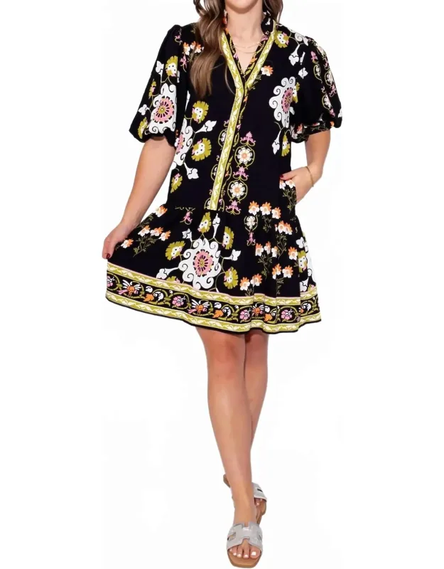 Midnight Blossom Puff Sleeve Dress