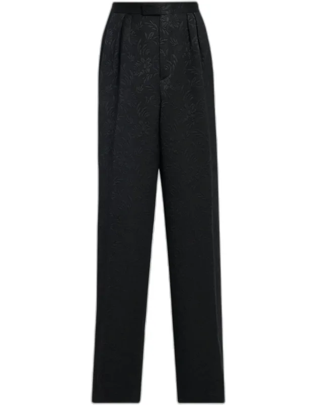 Floral Jacquard Wide-leg Pleated Trousers