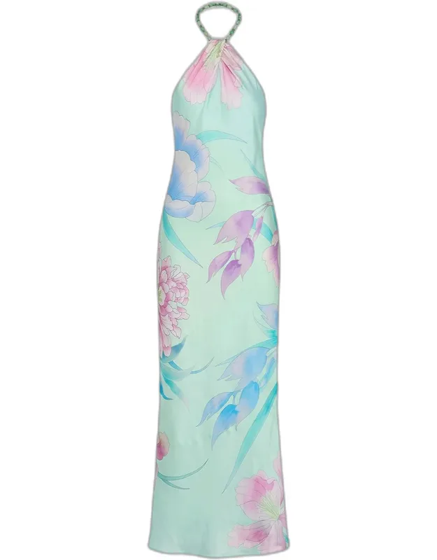 Floral Satin Halter Dress