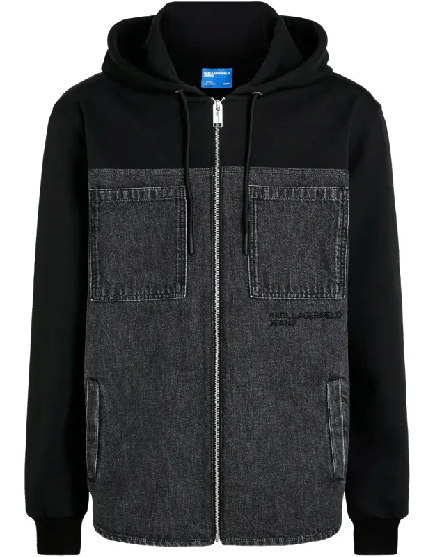Denim-panel Jacket With Hood And Ribbed Cuffs