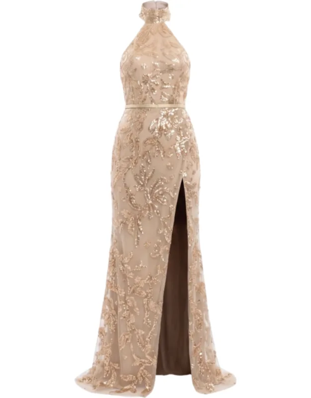Halter Neck Embroidered Tulle Dress