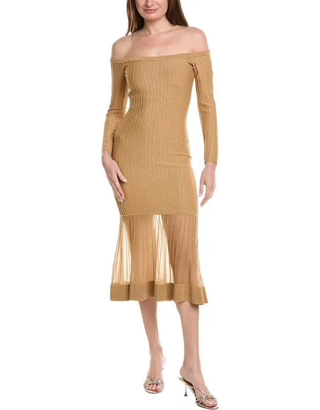 Off The Shoulder Sheer Knit Midi Dress