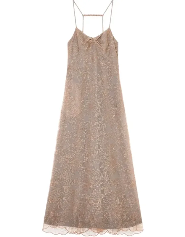 Embroidered Tulle V Neck Dress