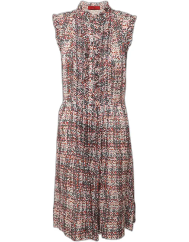 Multicolor Printed Silk Pleated Midi Dress