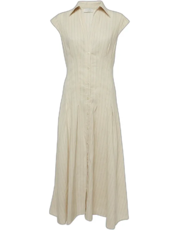 Cream Striped Linen Pleated Midi Dress