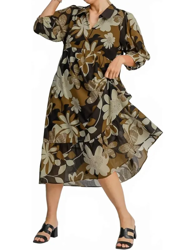 Floral Print Midi Dress With Short Sleeves And Tiered Skirt