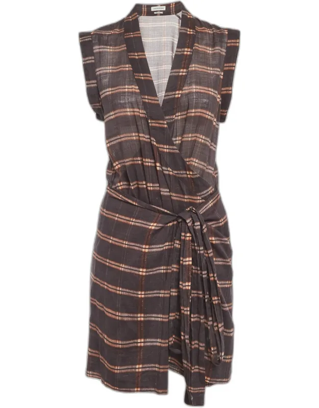 Plaid Print Cotton Sleeveless Wrap Dress