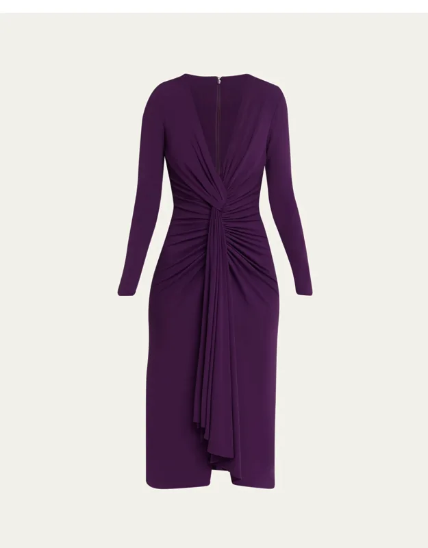 Draped Deep V-neck Midi Dress