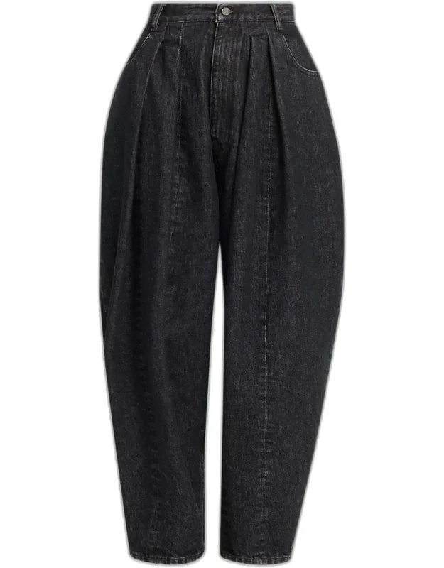 Pleated Cotton Denim Barrel Jeans