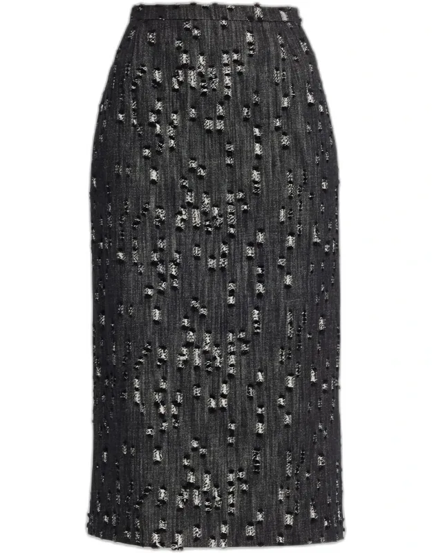 Frayed Denim Midi Pencil Skirt