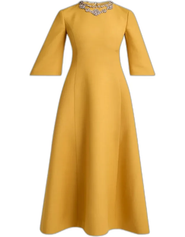 Crystal Embroidered Silk-wool 3/4-sleeve Midi Dress