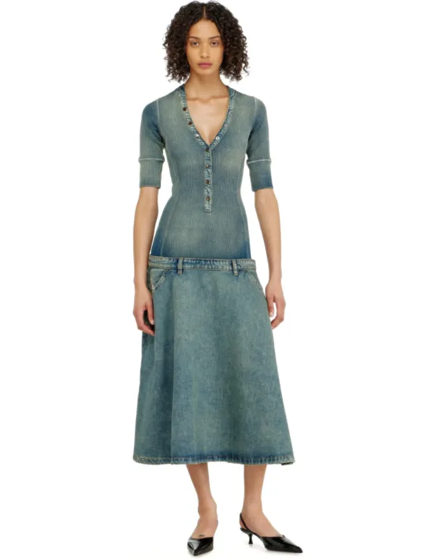 Drop-waist Midi Dress In Knit And Denim