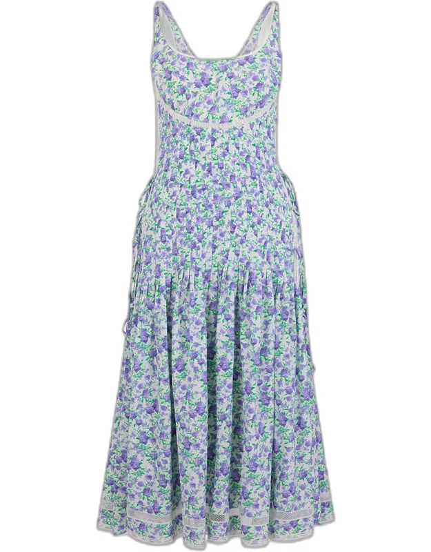 Floral Pleated Silk Crepe Sleeveless Midi Dress