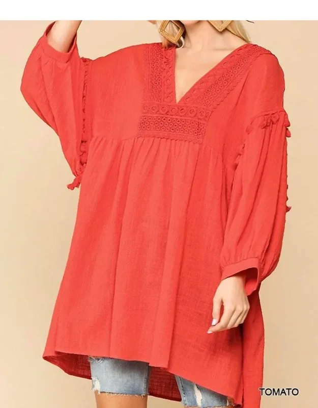 Crochet V-neck Swing Hi-lo Hem Top