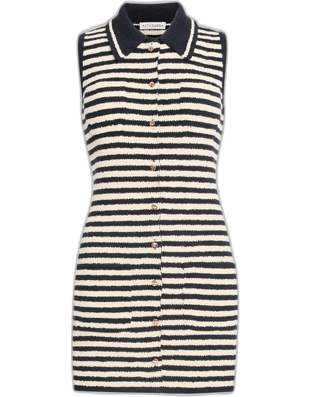 Striped Knit Button-front Mini Polo Dress