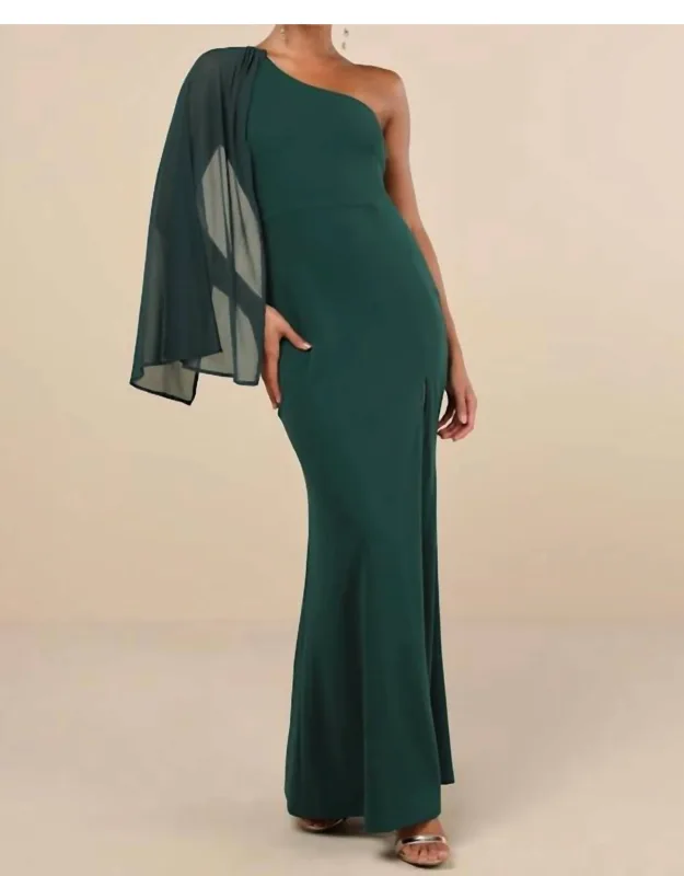 Majestic Attitude Cape Sleeve One-shoulder Maxi Dress In Emerald