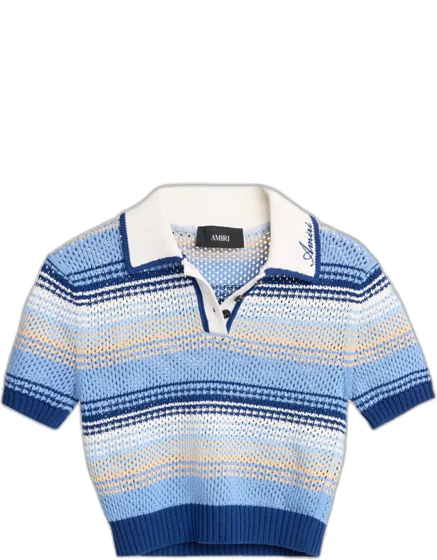 Striped Crochet Mesh Polo Shirt