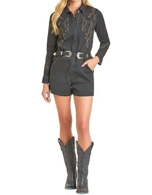 Boot Stitch Embroidery Long Sleeve Romper