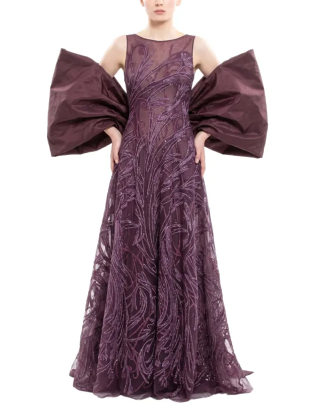 Bateau Neckline Embroidered Long Dress