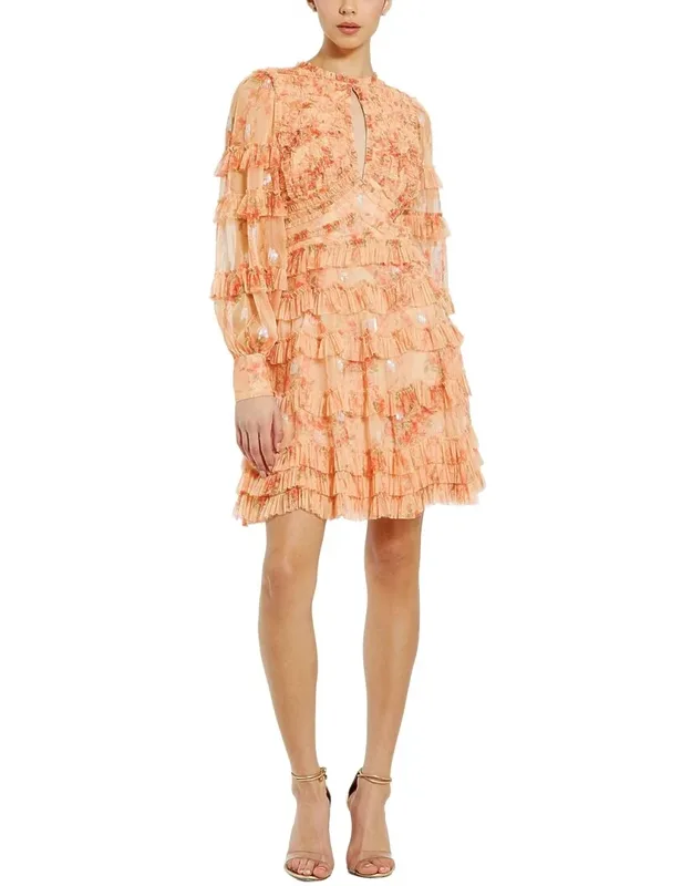 Floral Mesh Long Sleeve Ruffle Mini Dress