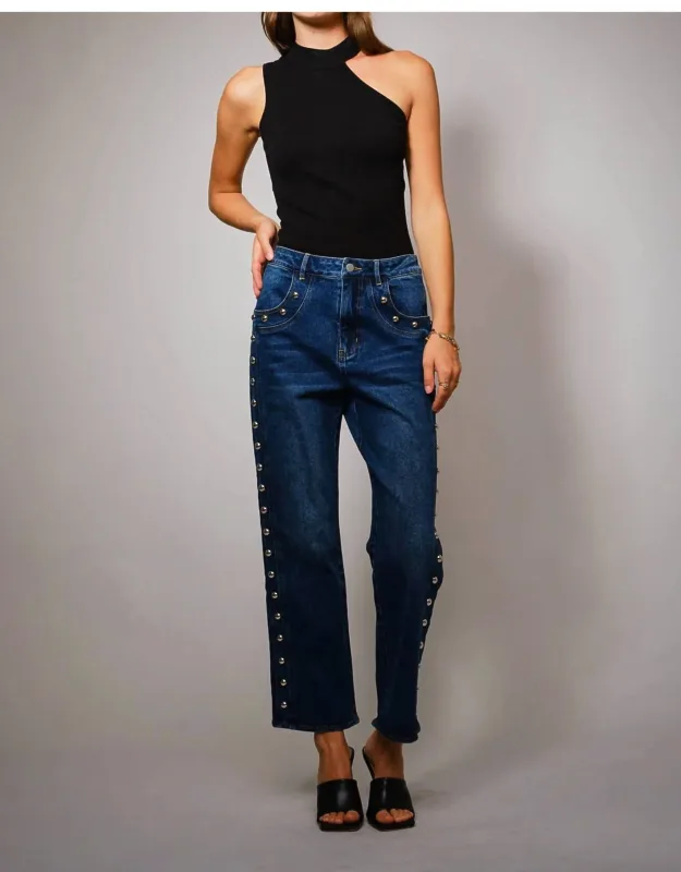 Metal Studded High Rise Straight Leg Jeans