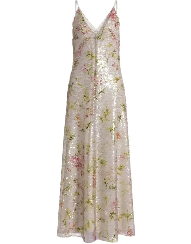 V-neck Midi Dress With Sequined Floral Design