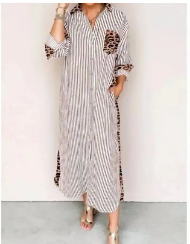 Stripe Leopard Patchwork Maxi Shirt Dress