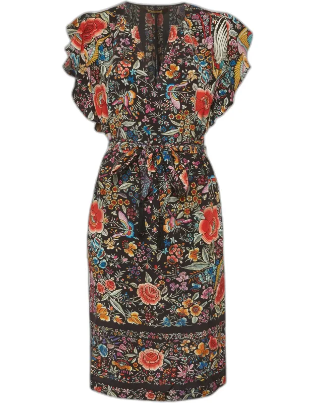 Floral Print Silk Belted Mini Dress