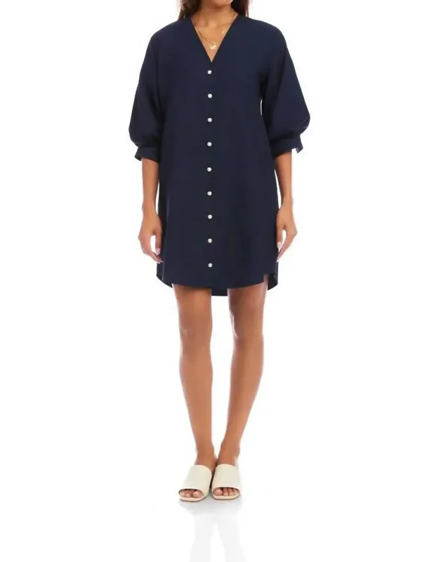 Lantern Sleeve Pearl Button-front Mini Dress