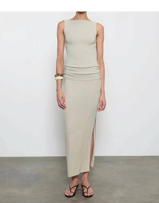 Silk Rib Sleeveless Boatneck Fluid Maxi Dress