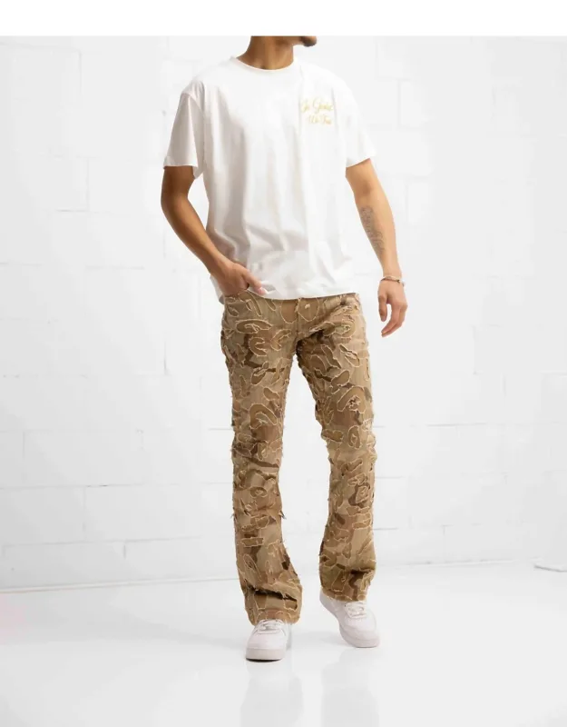Camo Shredded Denim Flare Jeans