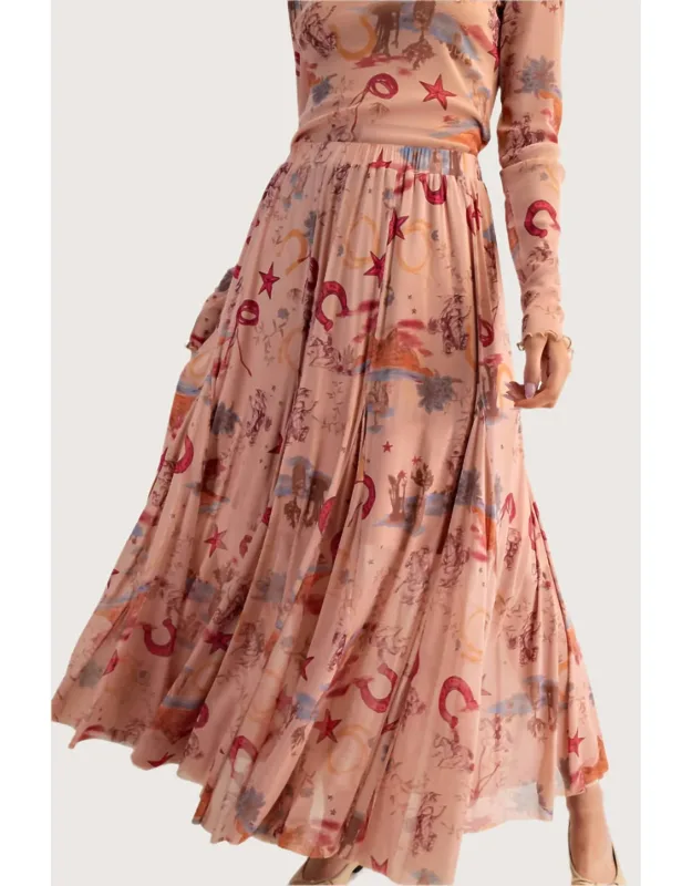 Western Printed Mesh Swing Maxi Skirt