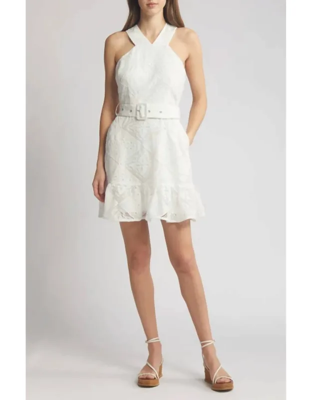Lace Eyelet Belted Sleeveless Dress
