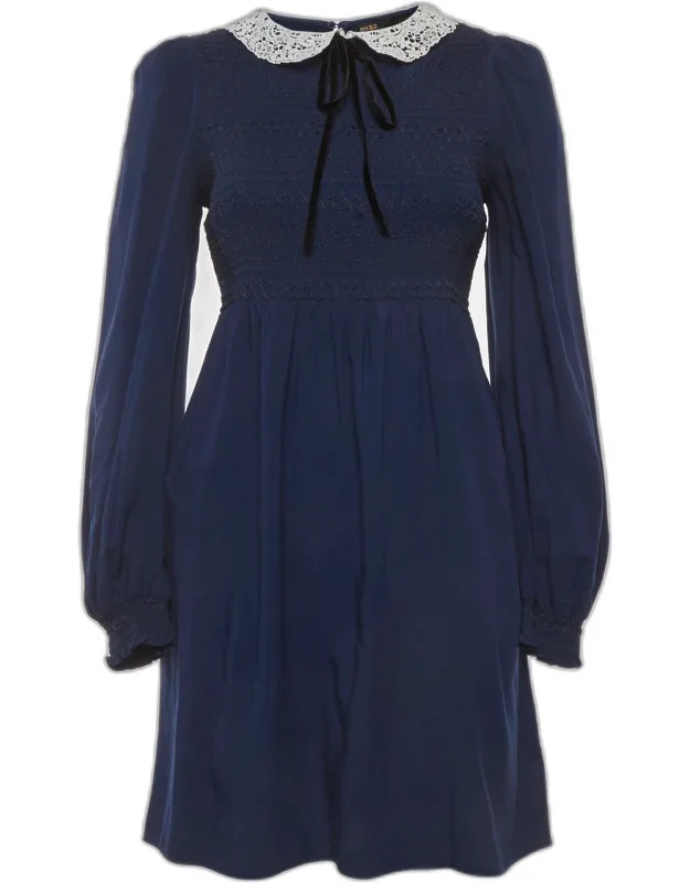 Synthetic Smocked Guipure Collar Mini Dress