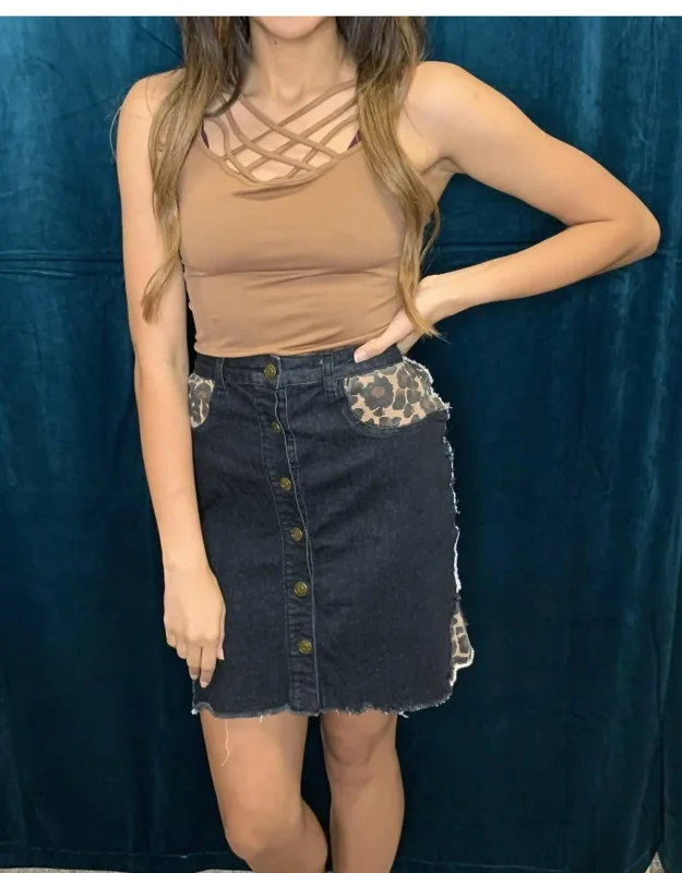 Leopard Insert Denim Mini Skirt