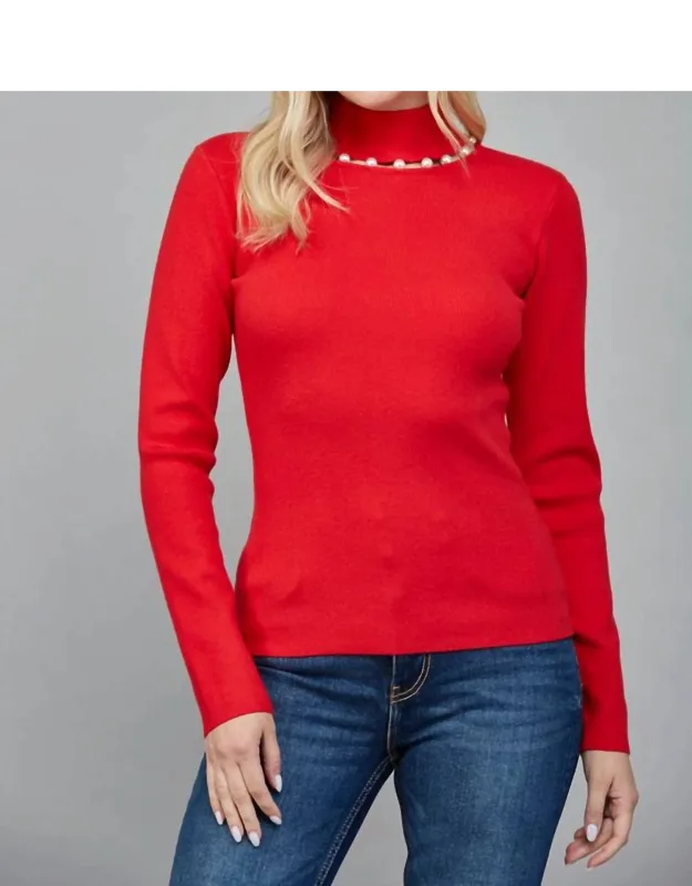 Pearl Trim Turtleneck Sweater
