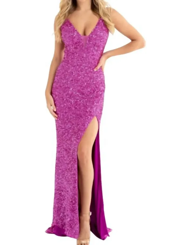 Plunging V-neckline Open Back Sequin Embellished Slit Dress