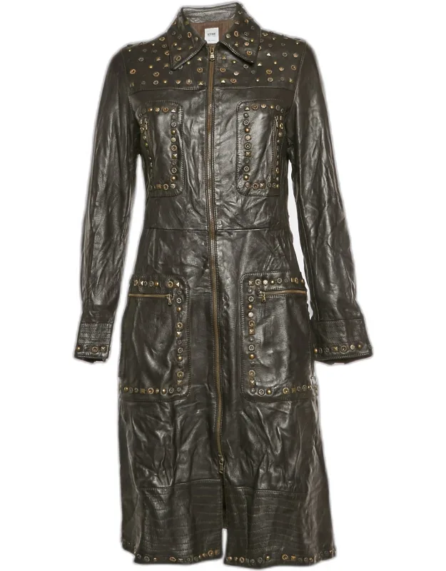 Vintage Brown Leather Studded Long Coat