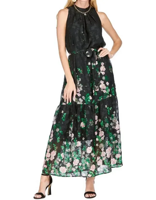 Pleated Neck Maxi Dress - Romantic Floral Pattern, A-line Silhouette