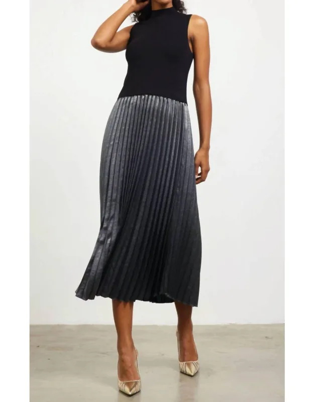 Pleated Contrast Mock Neck Dress